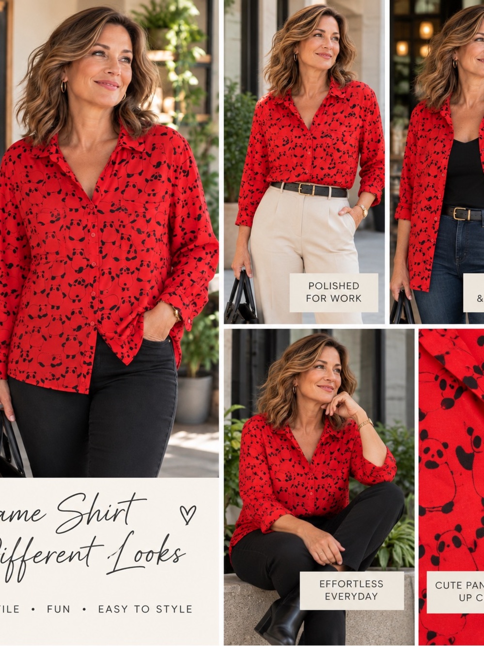 Ricki's Red Button-Up Shirt with Black Abstract Print. PANDAS!!!